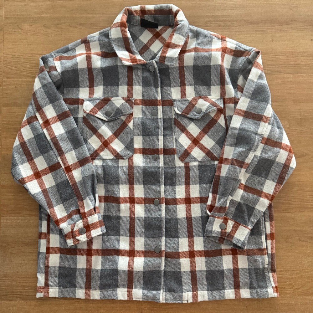 HFX Plaid Shirt Jacket Gray Orange Wool Blend Snap Front Shacket Mens Large